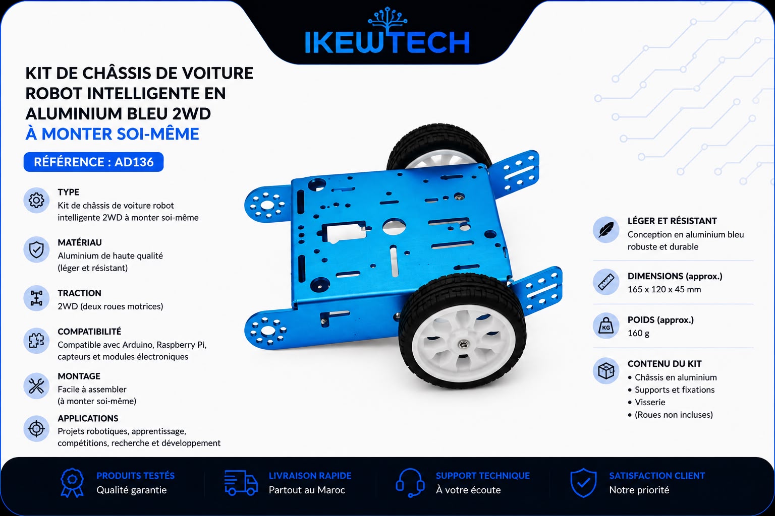 Kit de châssis de voiture robot intelligente en aluminium bleu 2WD à monter soi-même