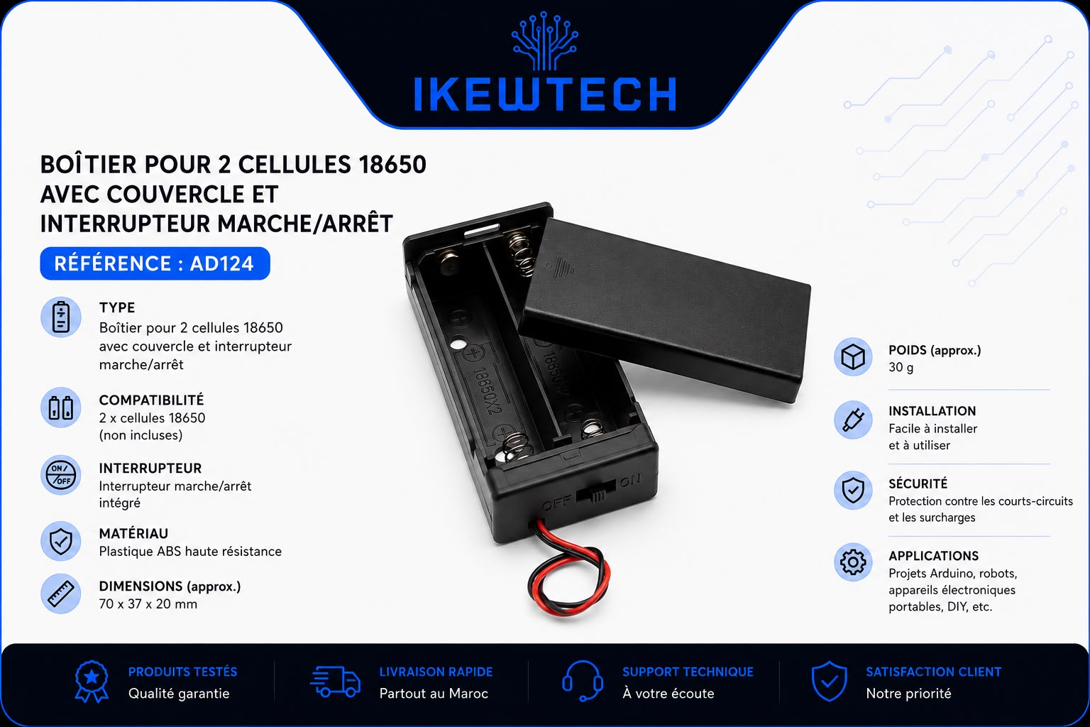 Boîtier pour 2 cellules 18650 avec couvercle et interrupteur marche/arrêt