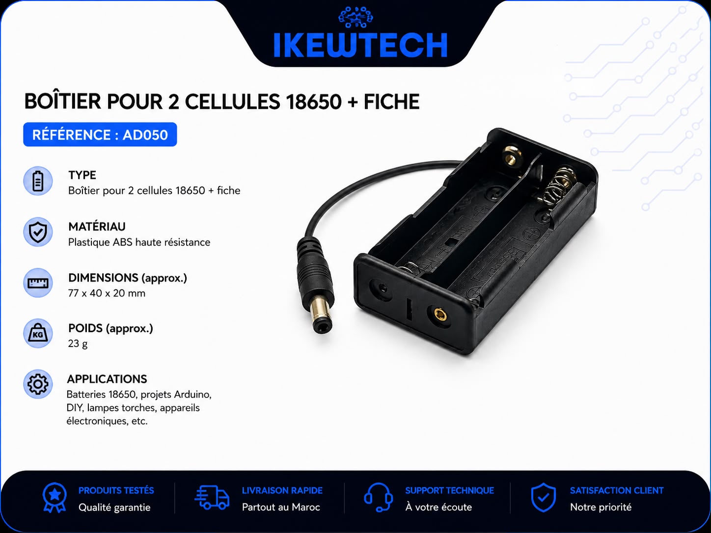 Boîtier pour 2 cellules 18650 + fiche