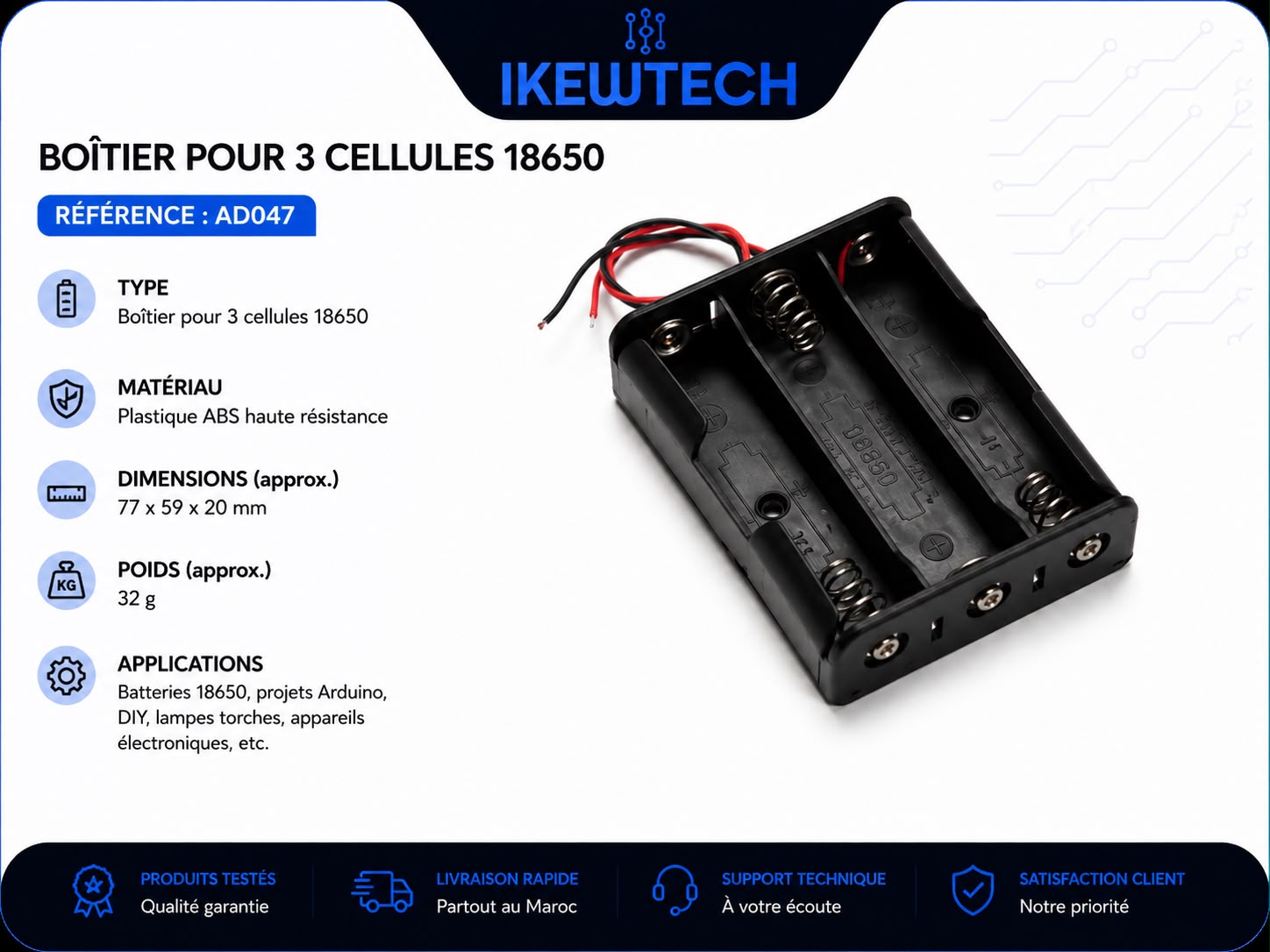 Boîte pour 3 cellules 18650