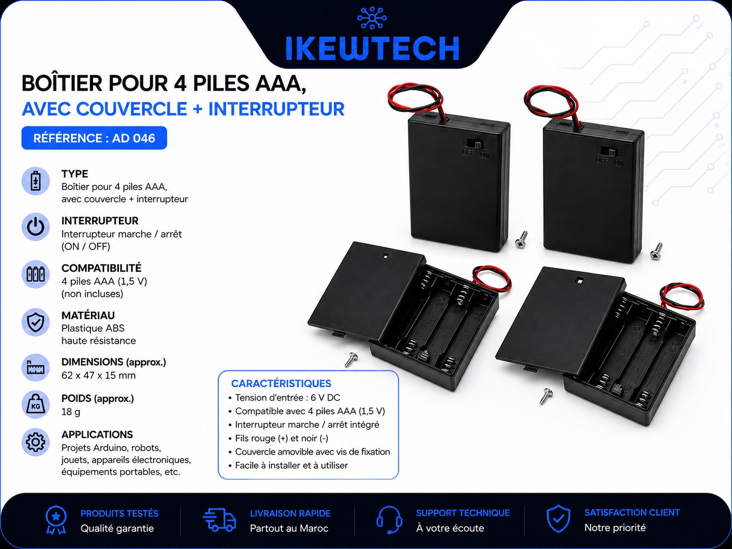 Boîtier pour 4 piles Aaa, avec couvercle + interrupteur