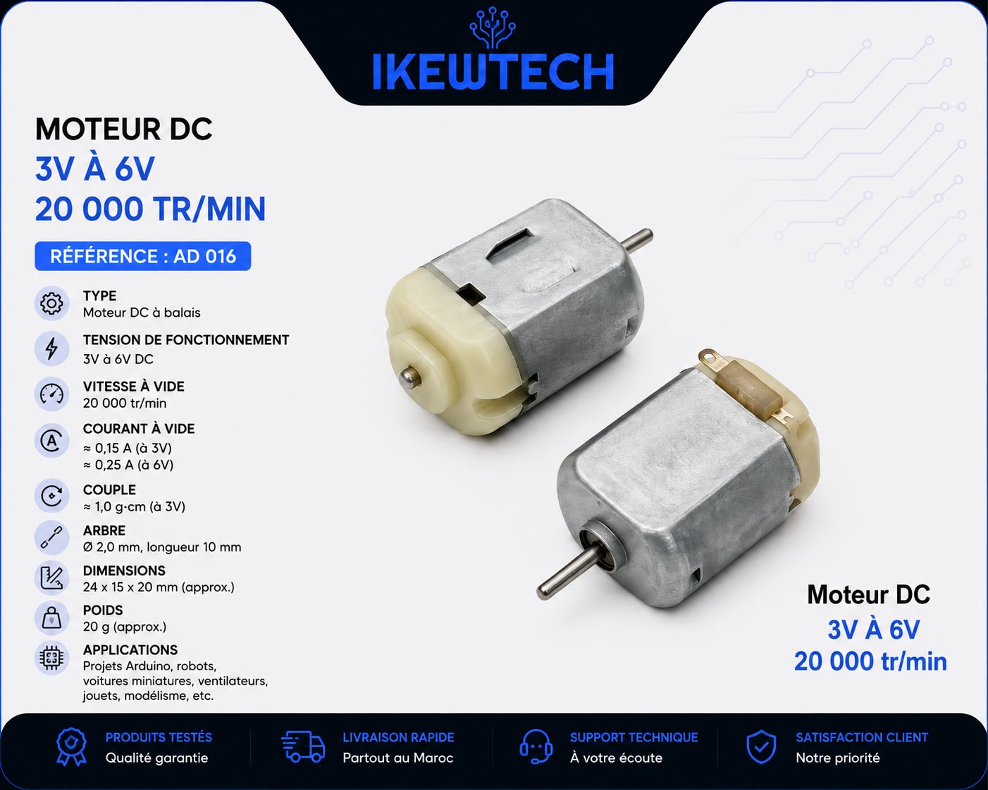 Moteur DC 3V à 6V, 20000 tr/min