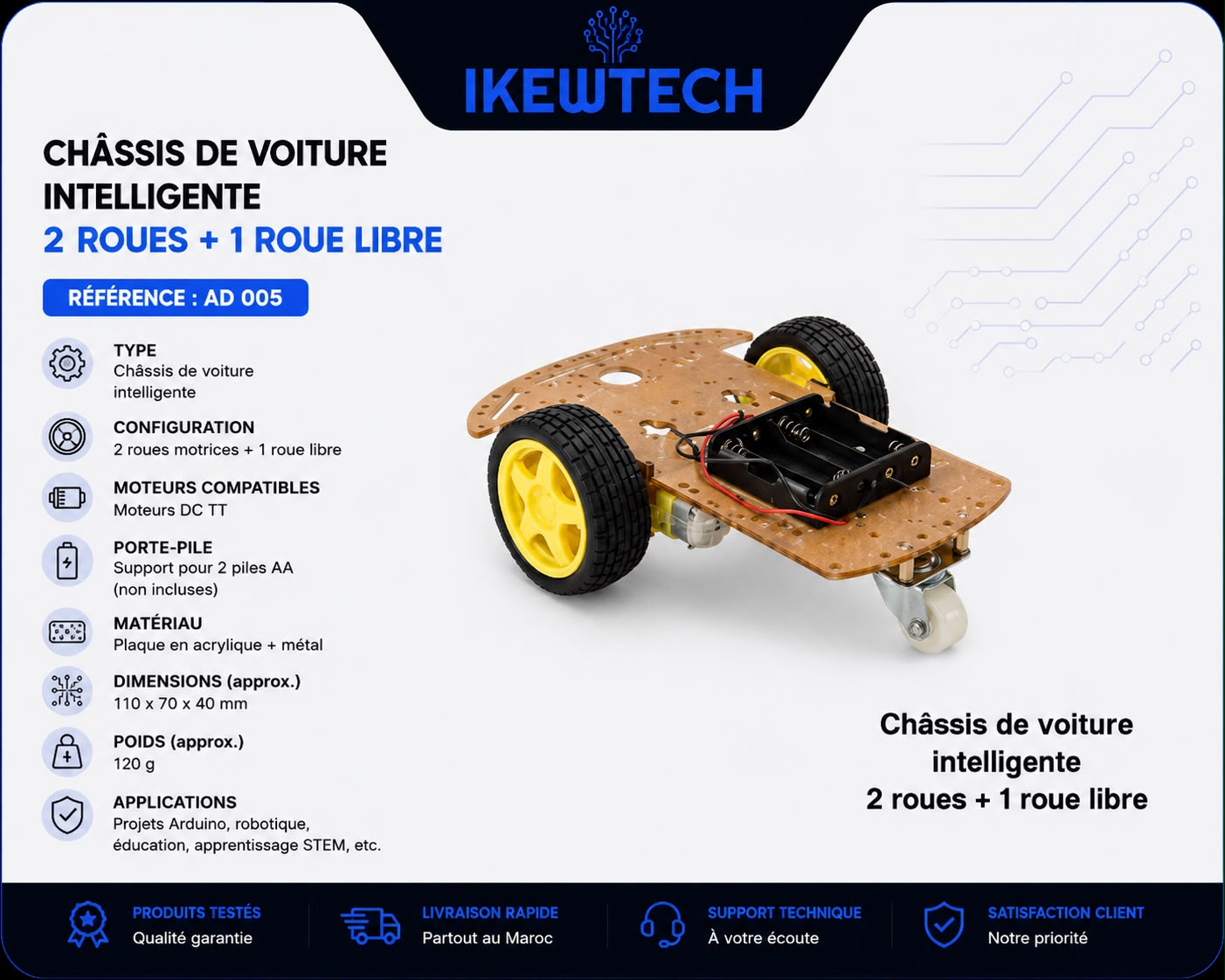 Châssis de voiture intelligente 2 roues + 1 roue libre