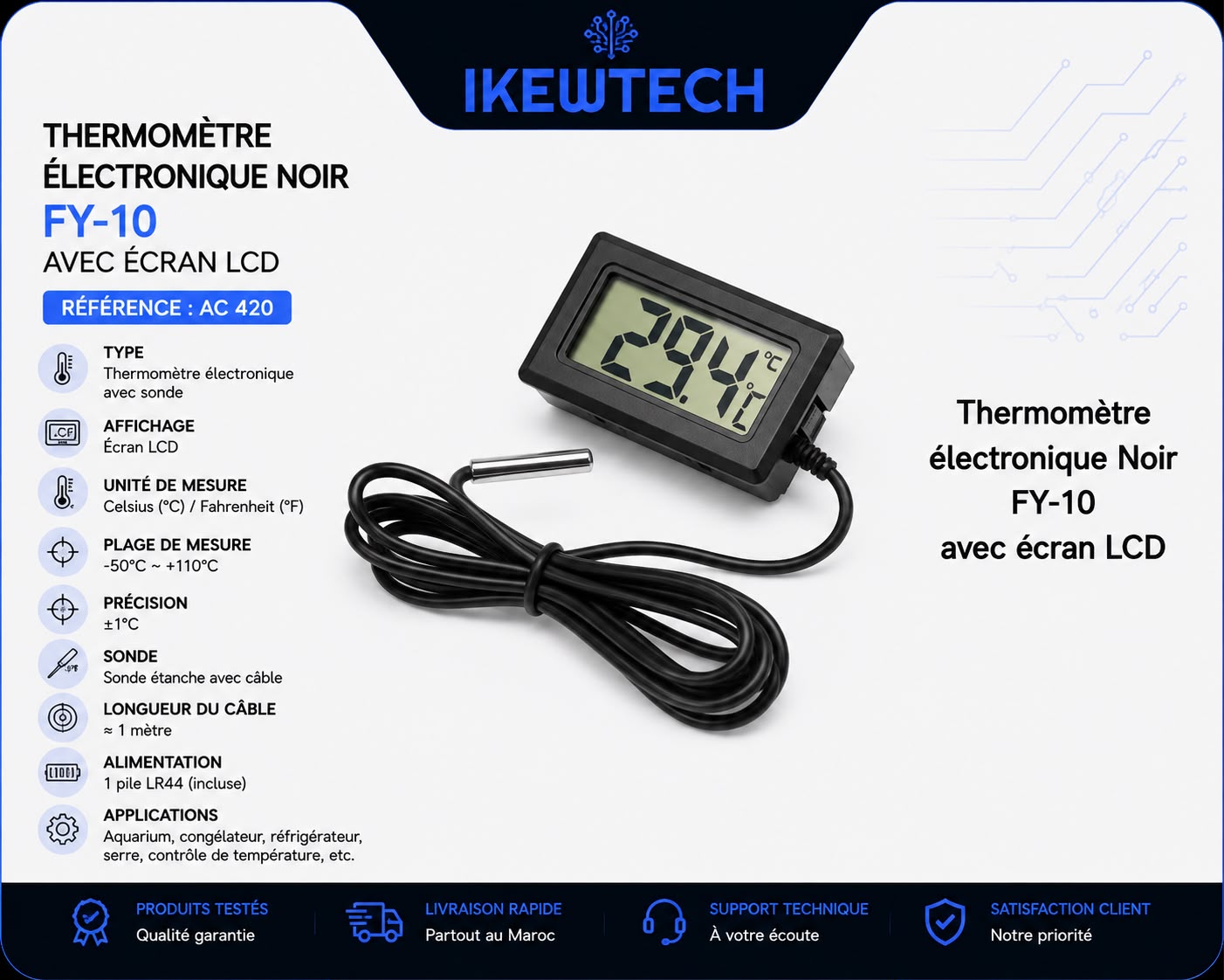 Thermomètre électronique noir FY-10 avec écran LCD