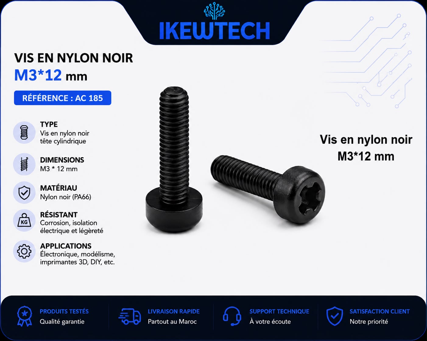 Vis en nylon noir M3x12mm