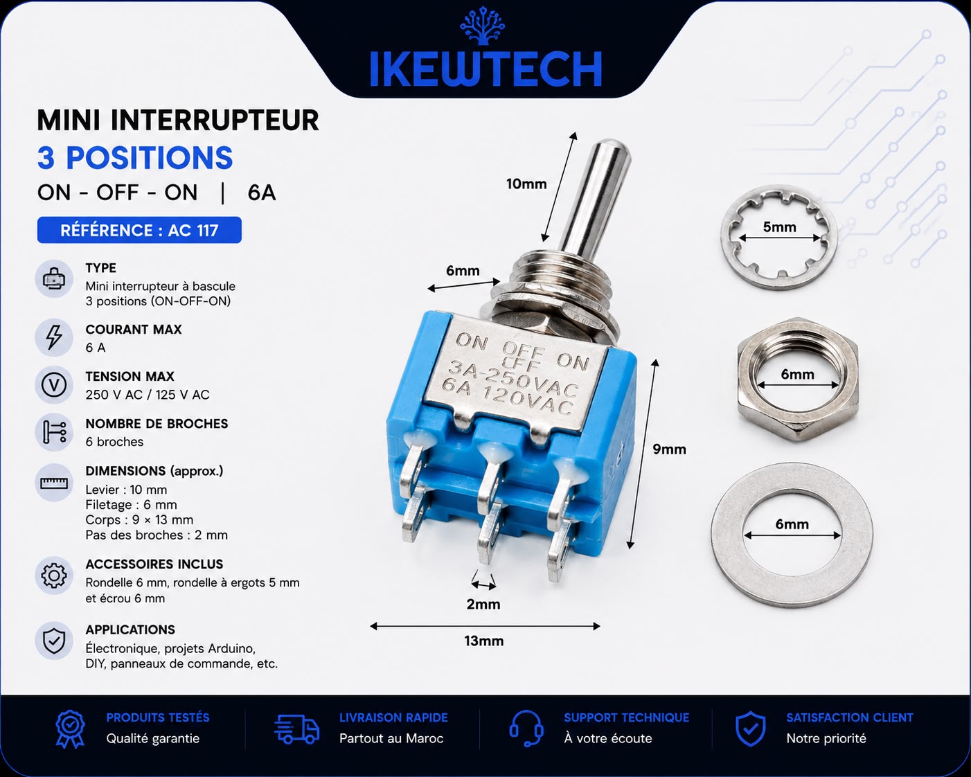 Mini interrupteur 3 positions On-off-on 6A