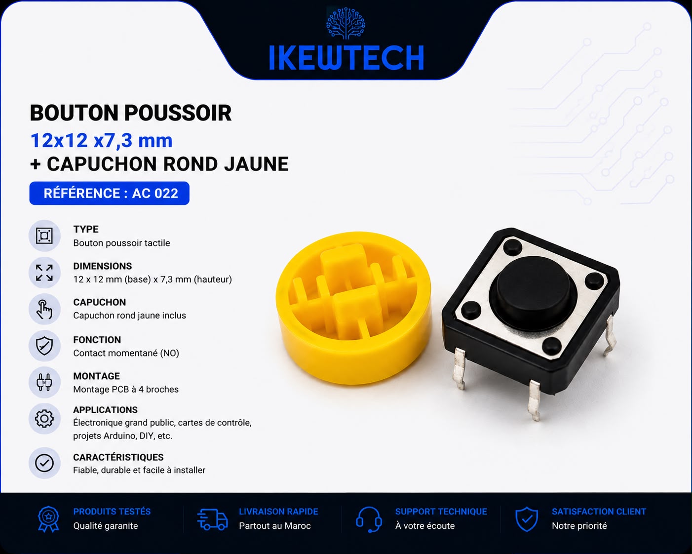 Bouton poussoir 12x12x7,3mm avec capuchon rond jaune