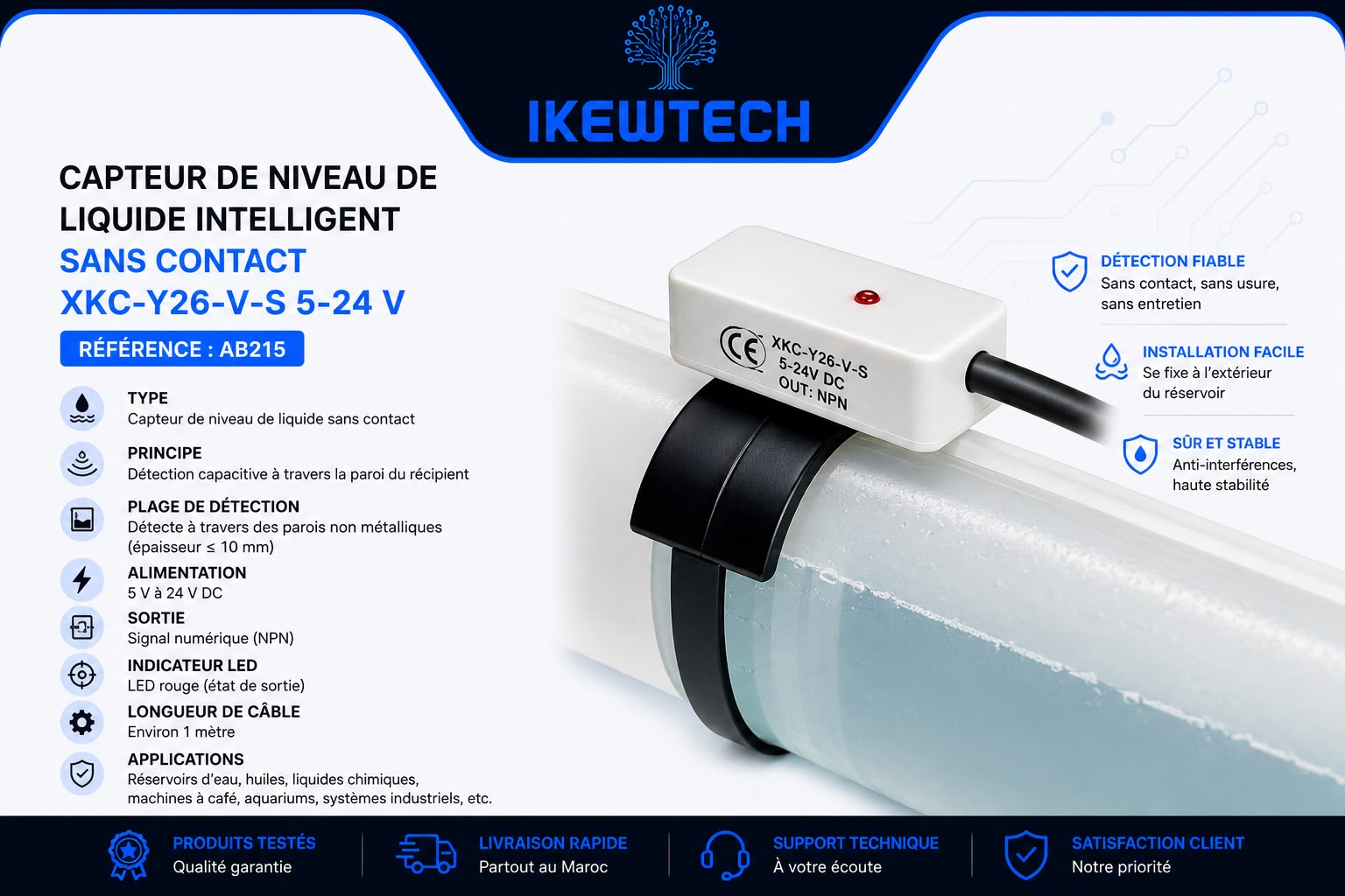 Capteur de niveau de liquide intelligent sans contact XKC-Y26-V-S 5-24V
