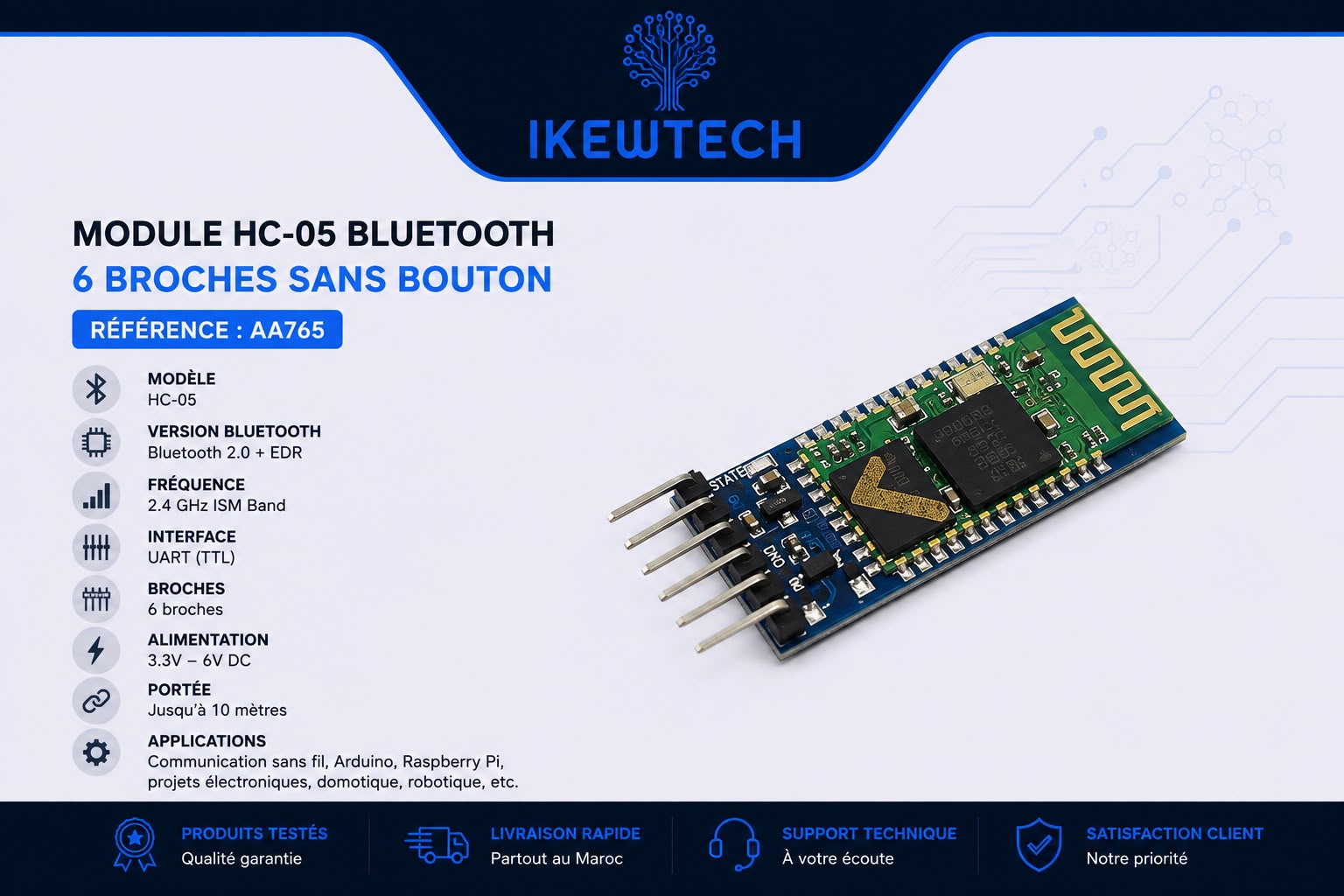 Module HC-05 Bluetooth 6 broches sans bouton