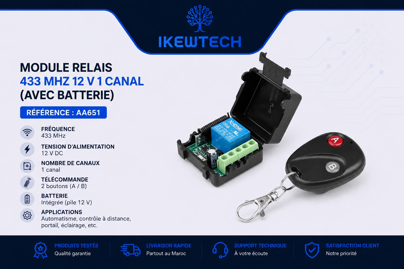 Module relais RF 433MHz 12V 1 canal (avec télécommande)