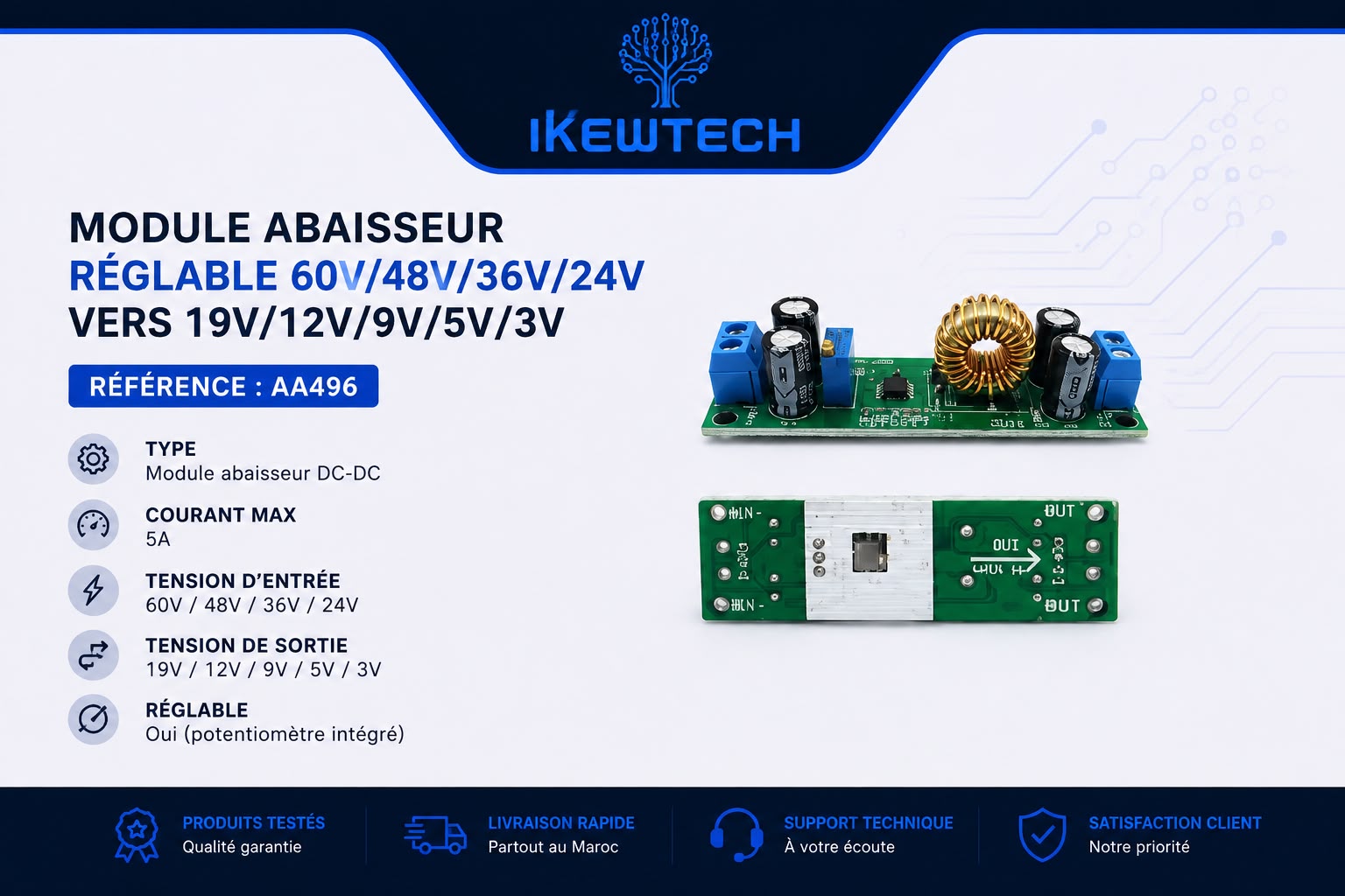 Module abaisseur réglable 60V/48V/36V/24V vers 19V/12V/9V/5V/3V