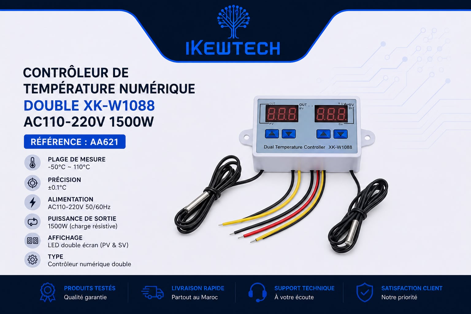 Contrôleur de température numérique double XK-W1088 AC110-220V 1500W