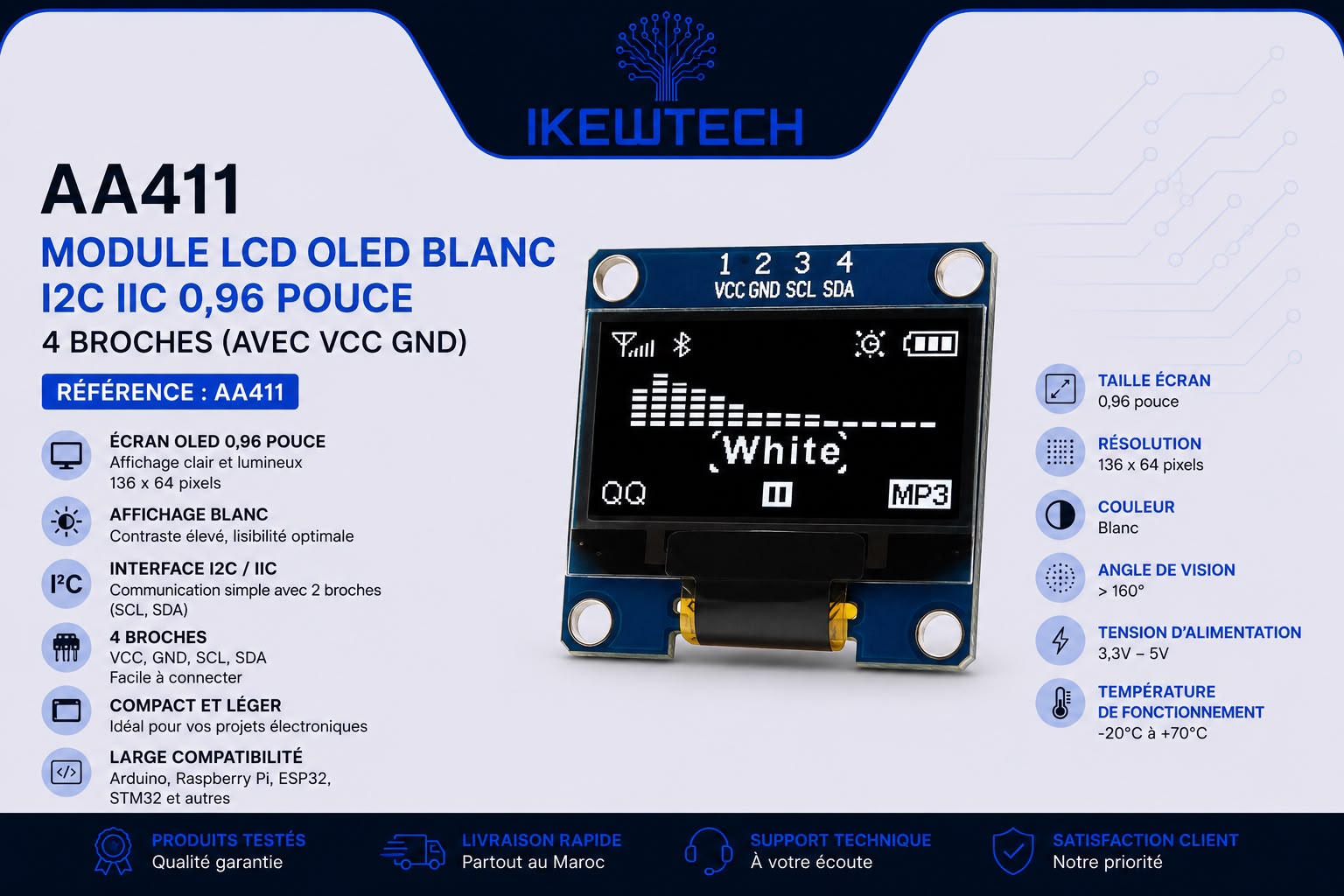 Module LCD OLED blanc I2C 0,96 pouce 4 broches