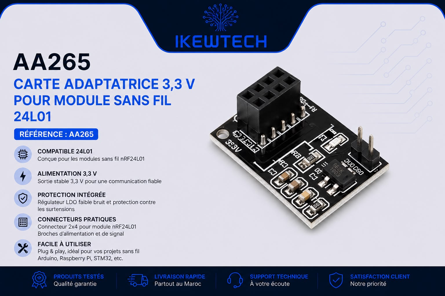 Carte adaptatrice 3,3V pour module sans fil NRF24L01