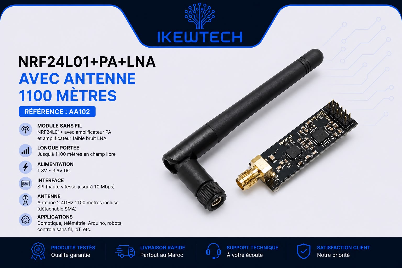 Module NRF24L01+PA+LNA avec antenne, portée 1100m