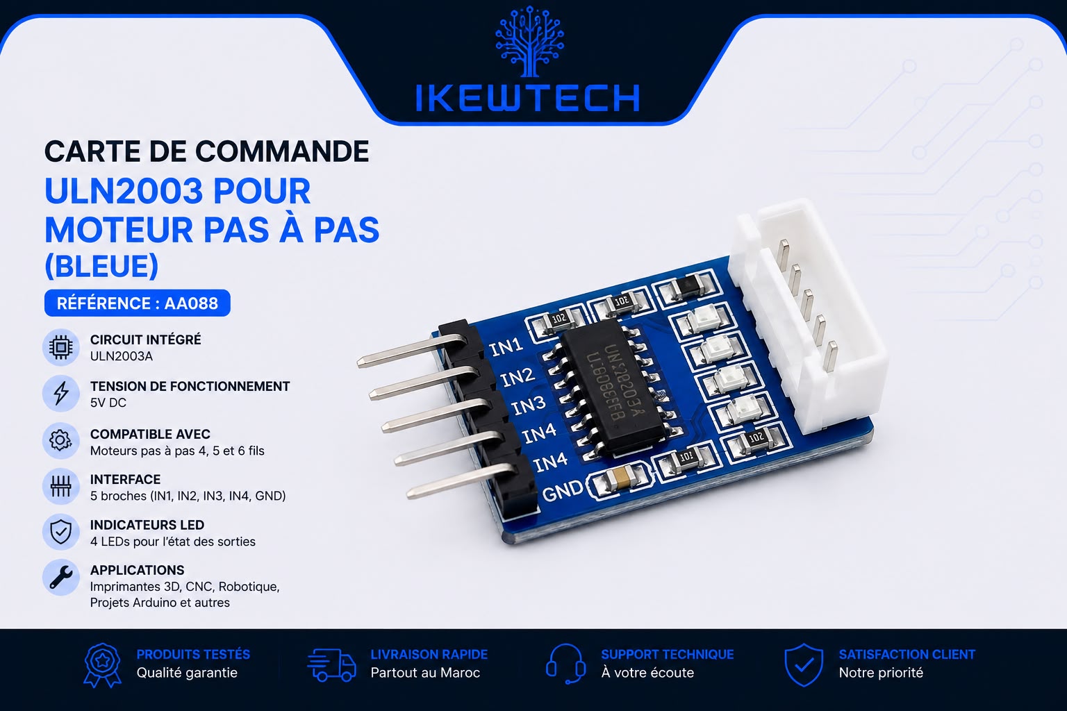 Carte de commande ULN2003 pour moteur pas à pas (bleue)