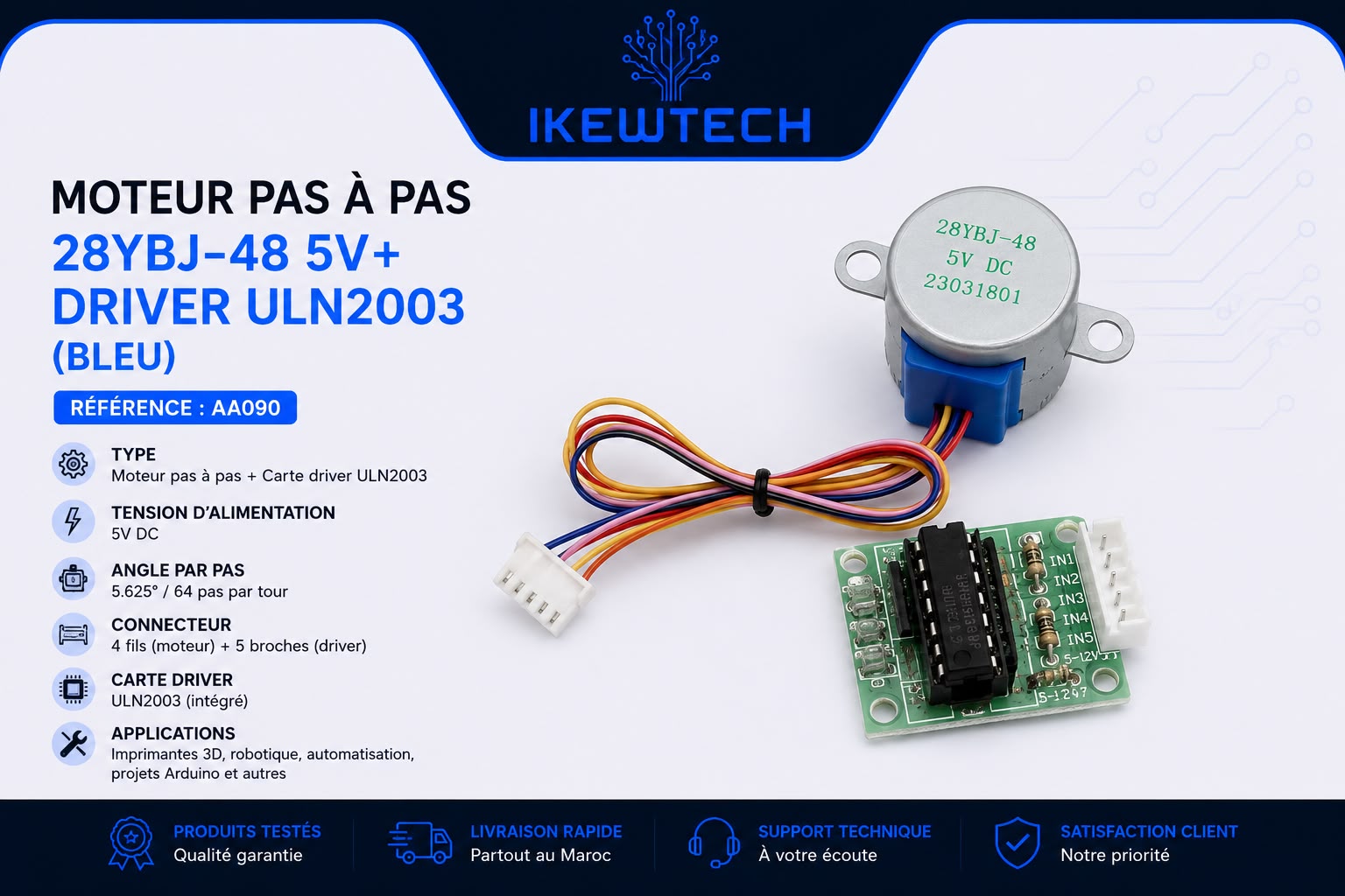 Moteur pas à pas 28BYJ-48 5V + driver ULN2003 (bleu)
