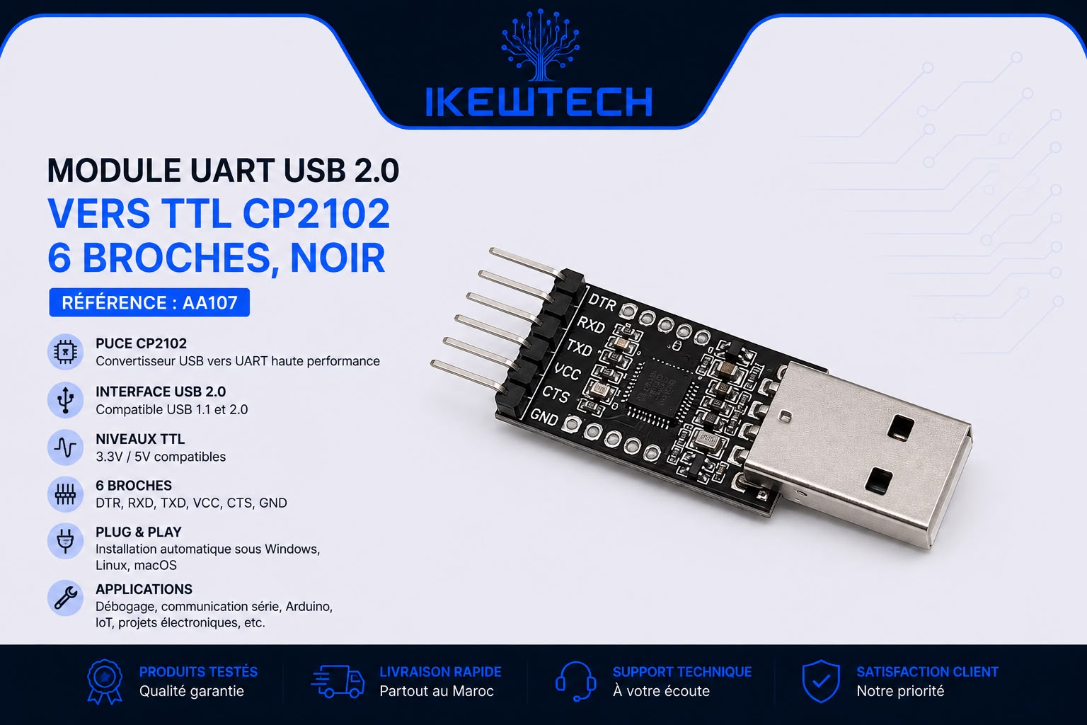 Module UART USB 2.0 vers TTL CP2102, 6 broches, noir