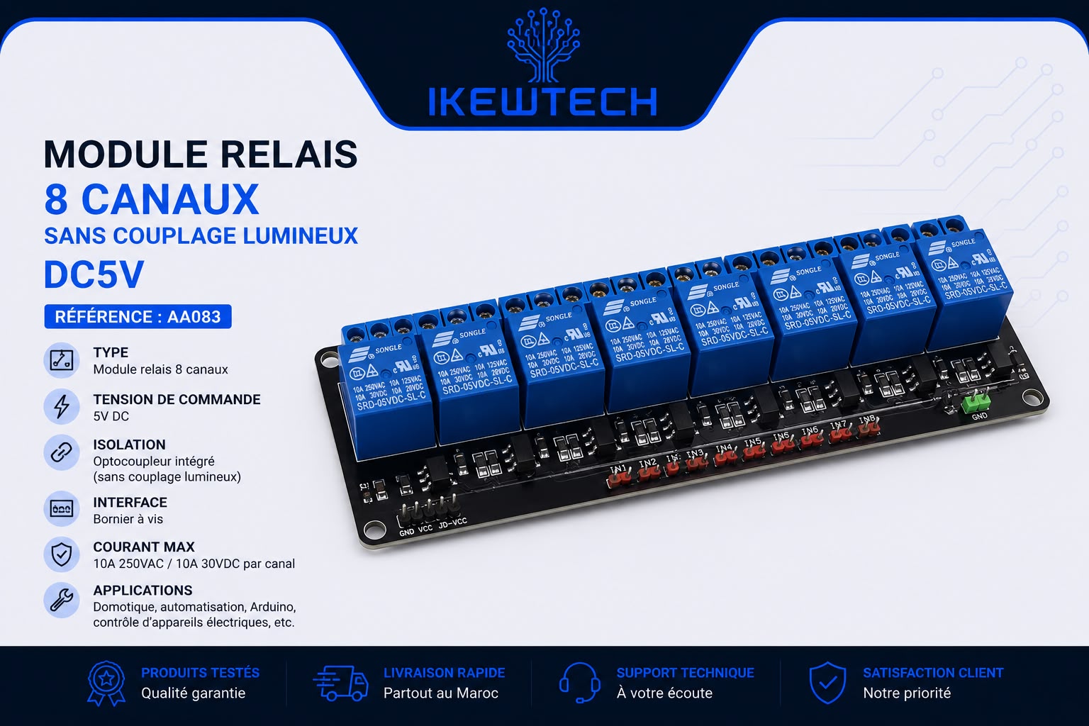 Module relais 8 canaux sans couplage lumineux DC5V