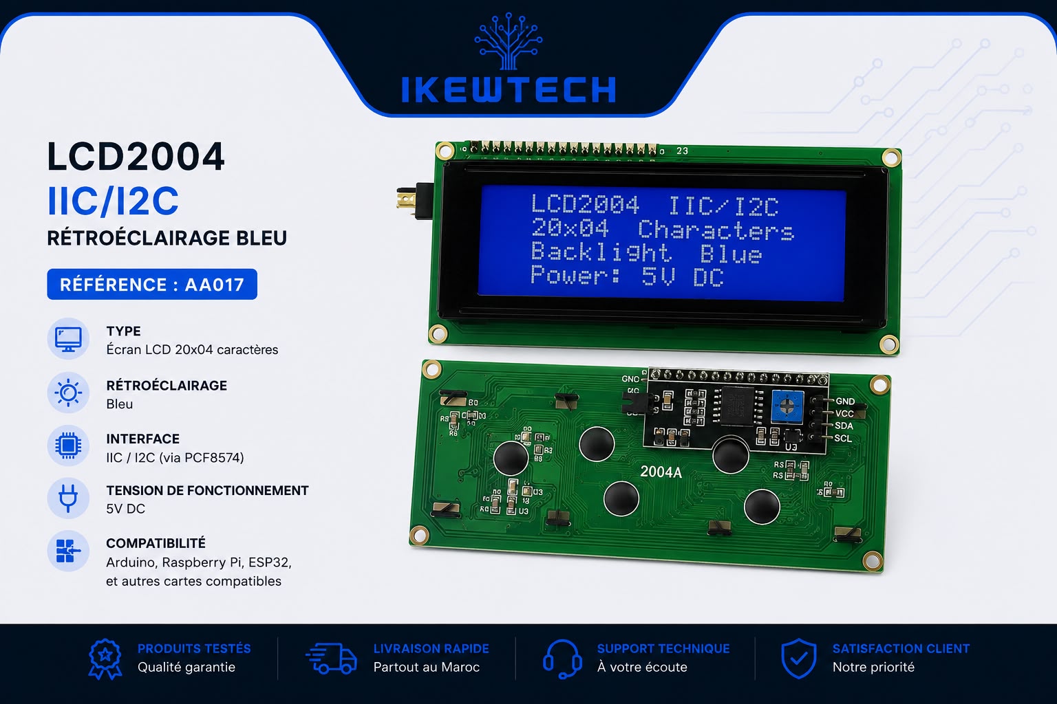 Écran LCD2004 IIC/I2C rétroéclairage bleu