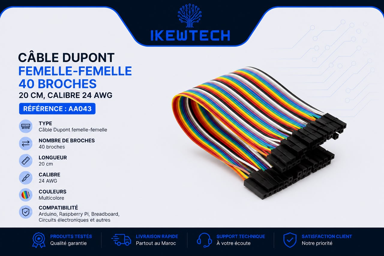 Câble Dupont femelle-femelle 40 broches, 20cm, 24 AWG