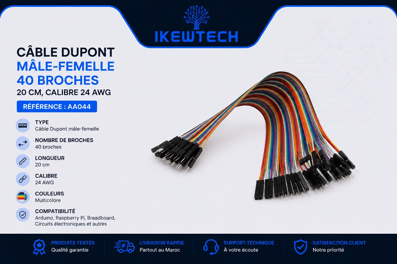 Câble Dupont mâle-femelle 40 broches, 20cm, 24 AWG