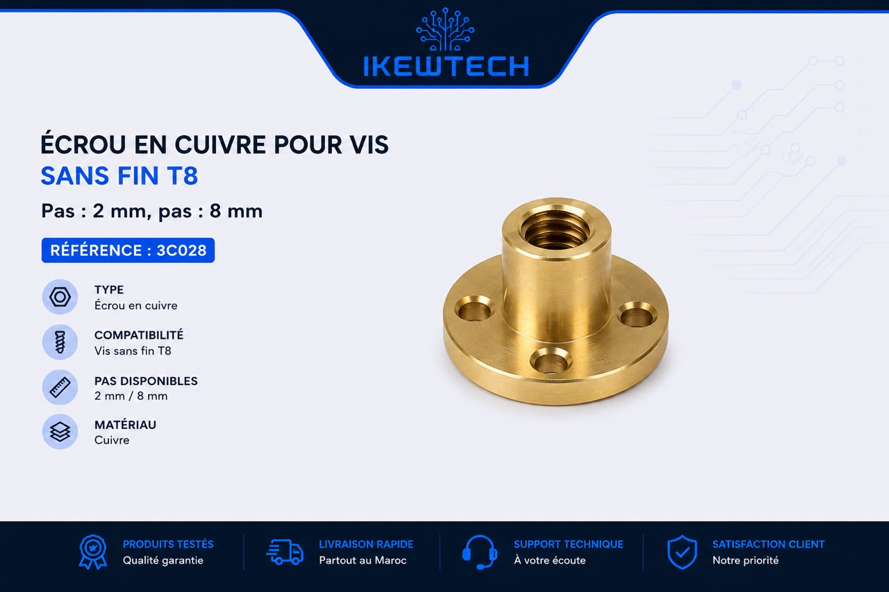 Écrou en cuivre pour vis sans fin T8, pas 2mm / pas 8mm