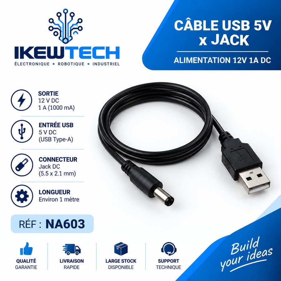 Câble amplificateur de tension USB 5V 2A vers 12V 1A, 1m, connecteur DC 5,5x2,1mm