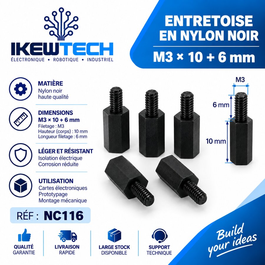 Entretoise en nylon noir M3x10+6mm