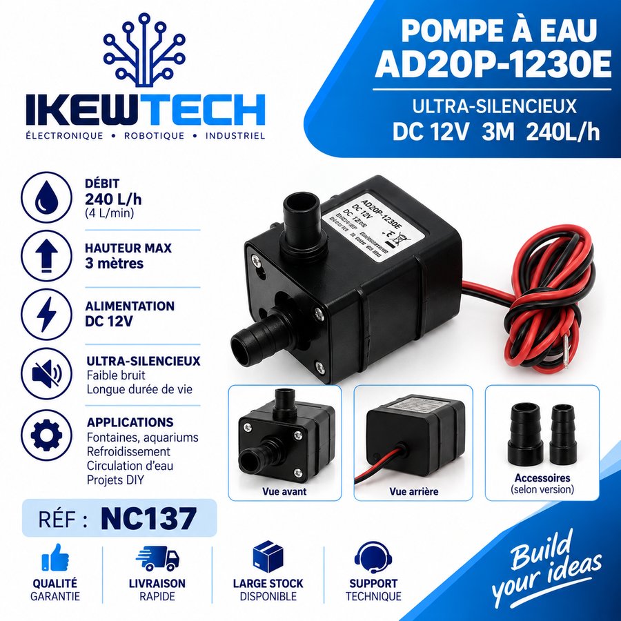 Mini pompe à eau AD20P-1230E ultra-silencieuse DC12V 3m 240L/h