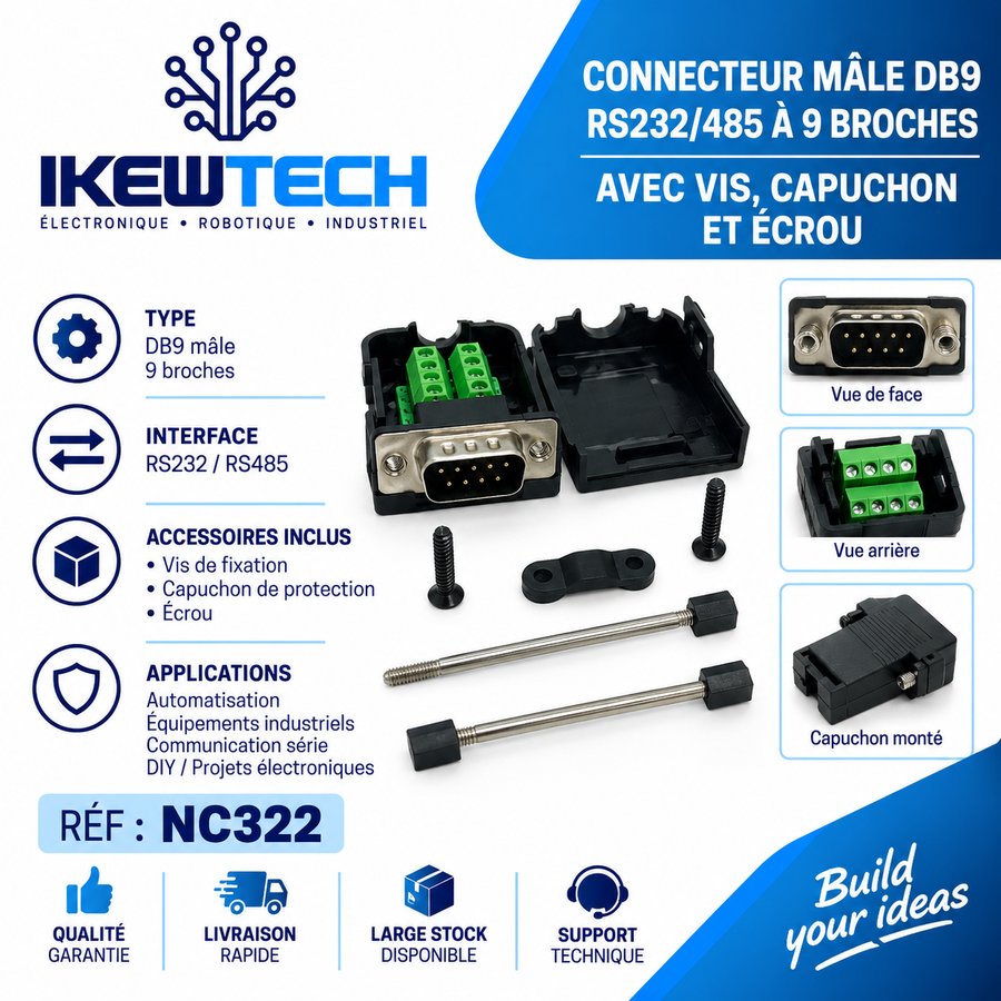 Connecteur mâle DB9 RS232/485, 9 broches, avec vis et capuchon