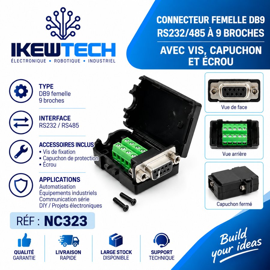 Connecteur femelle DB9 RS232/485, 9 broches, avec vis et capuchon