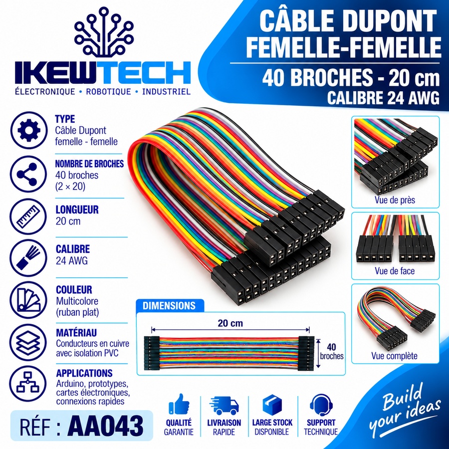 Câble Dupont femelle-femelle 40 broches, 20cm, 24 AWG