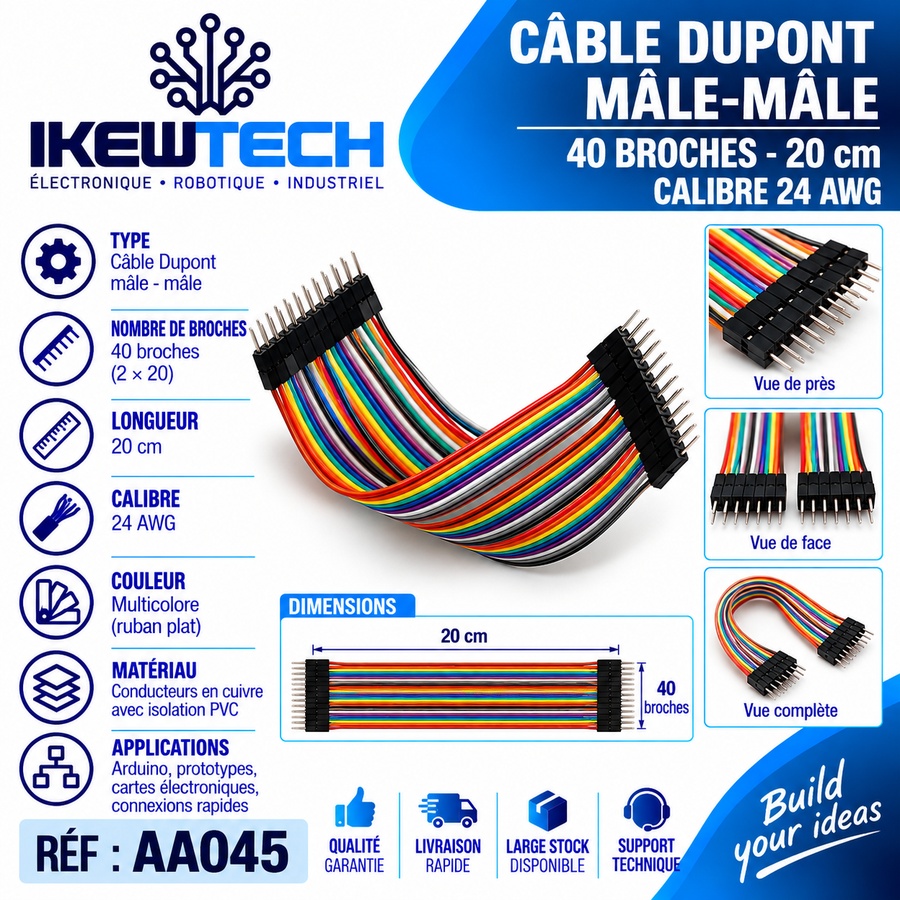 Câble Dupont mâle-mâle 40 broches, 20cm, 24 AWG