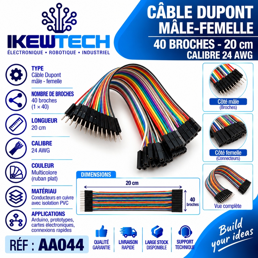 Câble Dupont mâle-femelle 40 broches, 20cm, 24 AWG