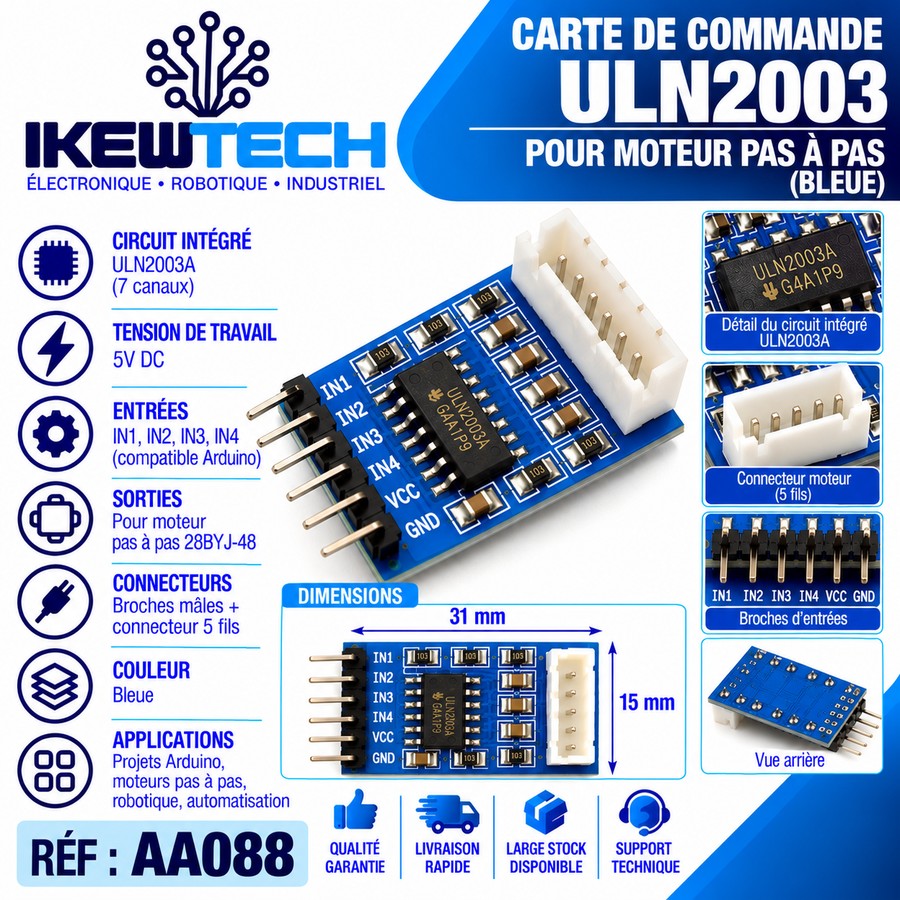 Carte de commande ULN2003 pour moteur pas à pas (bleue)
